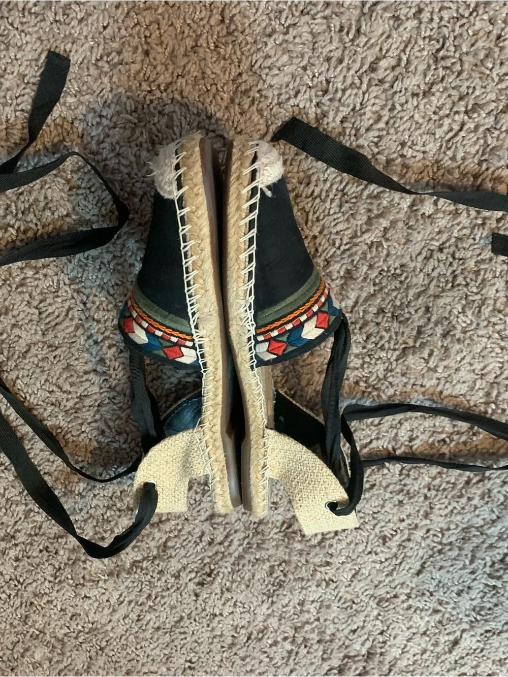 SCHUTZ Embroidered Lace Up Espadrilles Sandals Red Black